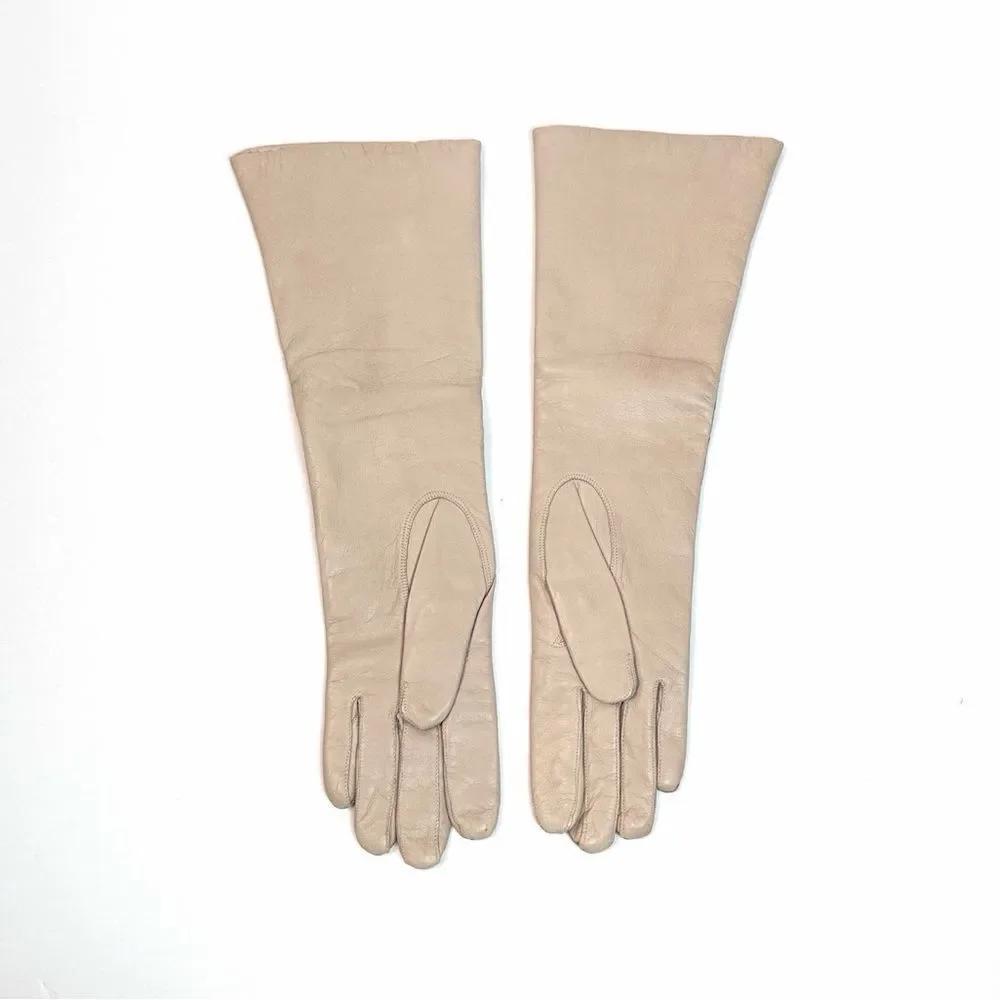 Bloomingdale's Long Leather Gloves Wool Lining Hazelnut Beige Vintage France 6,5
